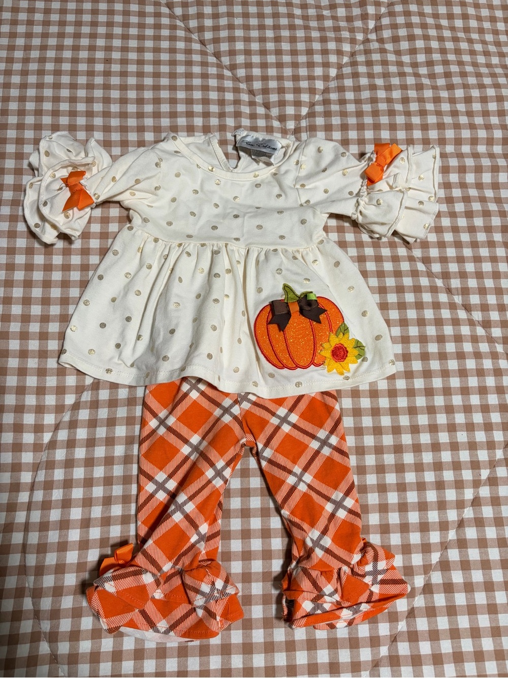 Rare Editions Cream Top and Orange Plaid Pumpkin Outfit